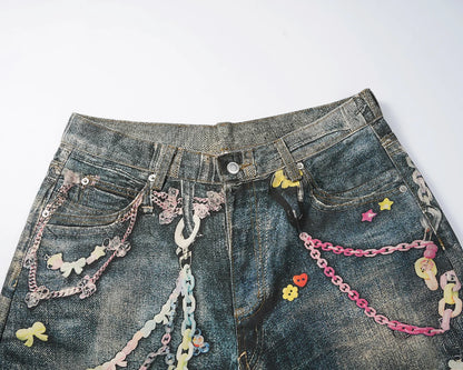 Jeans Vintage con Estampado 3D de Cadenas – Pantalones Baggy Unisex Harajuku Rectos Oversize Cargo Denim Lavado