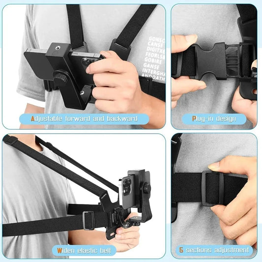 Soporte Ajustable para Teléfono con Arnés de Pecho | Clip de Fijación para Cámara Deportiva y Móvil