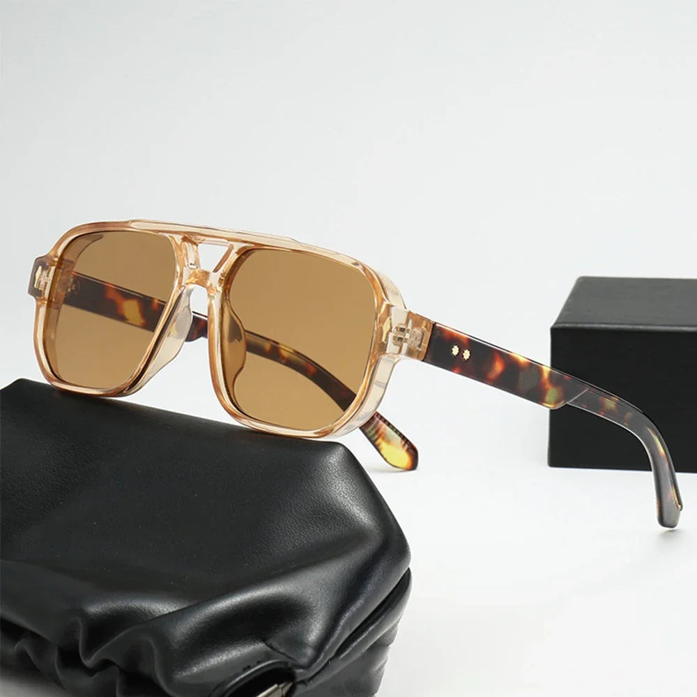 JNPCXI Gafas de Sol Vintage Hombre Doble Puente | Lentes Verdes UV400 Cuadradas con Detalles de Remaches