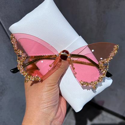 Gafas de Sol Mariposa Diamante Mujer | Vintage Y2K Oversized Rimless Eyewear de Lujo