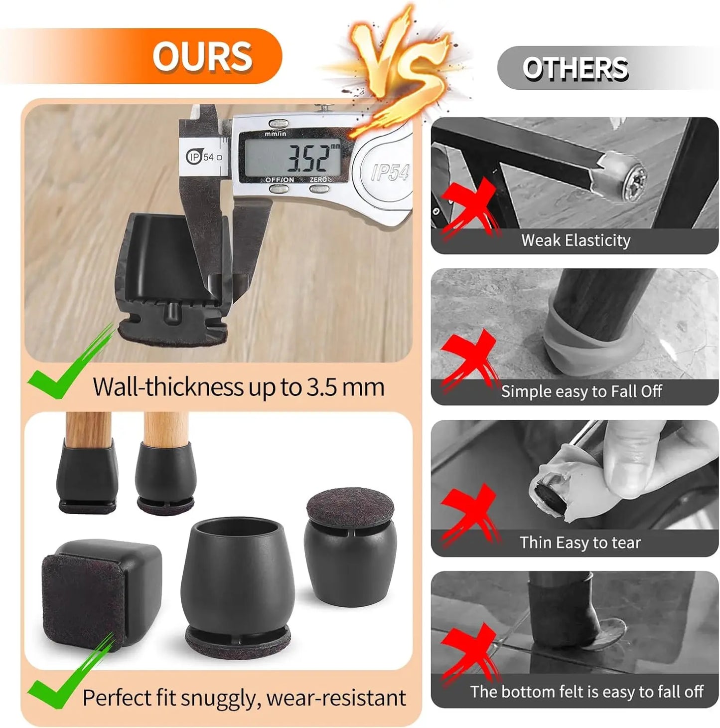 8PCS Protectores para Patas de Silla con Fieltro Grueso – Fundas de Silicona Antideslizantes para Muebles