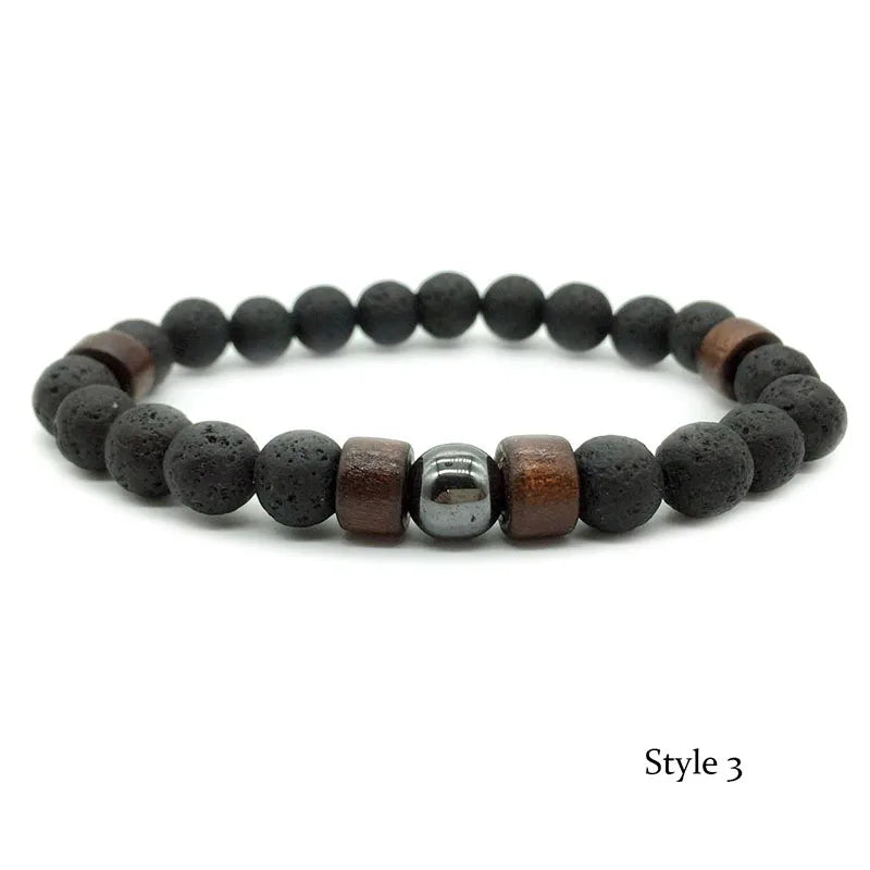 Pulsera de Piedra Volcánica de 8mm para Hombre – Lava y Madera con Buda Tibetano, Hecha a Mano, Elástica