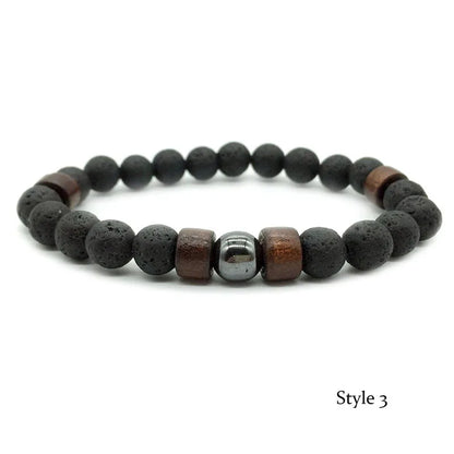 Pulsera de Piedra Volcánica de 8mm para Hombre – Lava y Madera con Buda Tibetano, Hecha a Mano, Elástica