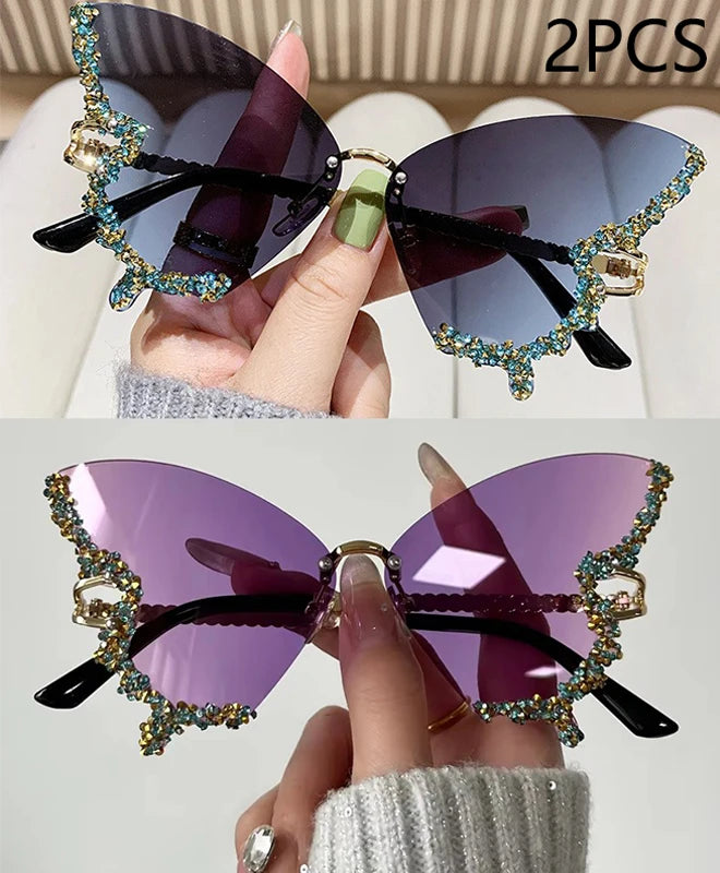 Gafas de Sol Mariposa Diamante Mujer | Vintage Y2K Oversized Rimless Eyewear de Lujo