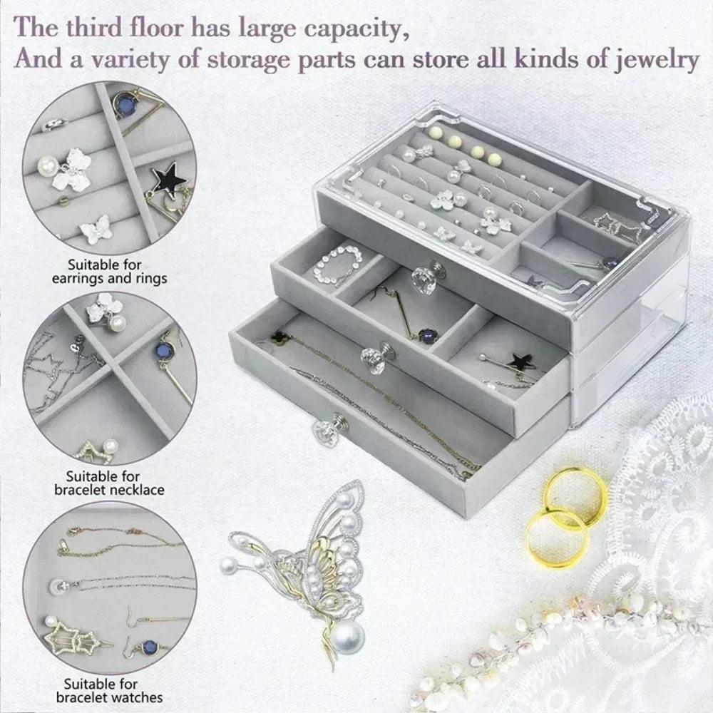 Joyero de Terciopelo y Acrílico con 3 Cajones Apilables | Organizador de Joyería para Collares, Pulseras y Aretes