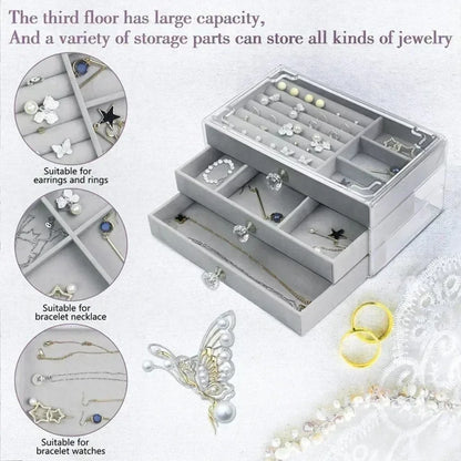 Joyero de Terciopelo y Acrílico con 3 Cajones Apilables | Organizador de Joyería para Collares, Pulseras y Aretes