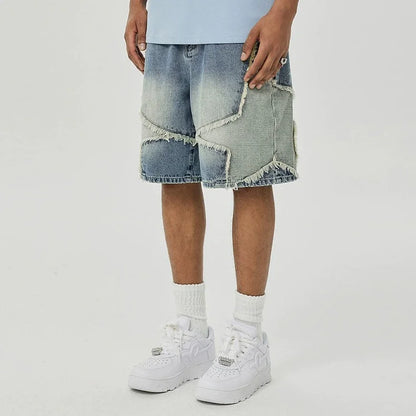 Shorts Jeans Baggy con Patchwork de Estrellas – Pantalones Denim Oversize Pierna Ancha Casual para Hombre