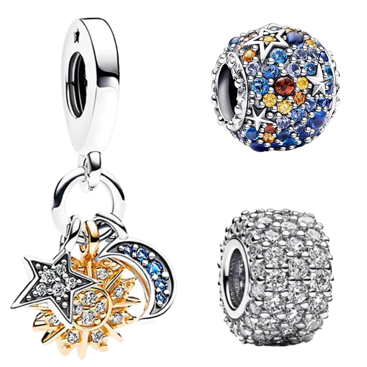 Charm Plata 925 Colgante Colorido Sol Luna Estrellas | Dije Compatible Pandora Pulsera y Collar Mujer