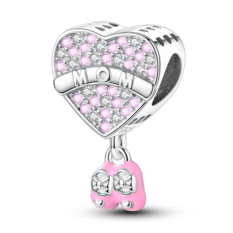Charm Plata 925 Día de la Madre | Dije Corazón Rosa Love Mom Compatible Pandora Pulsera Collar Mujer