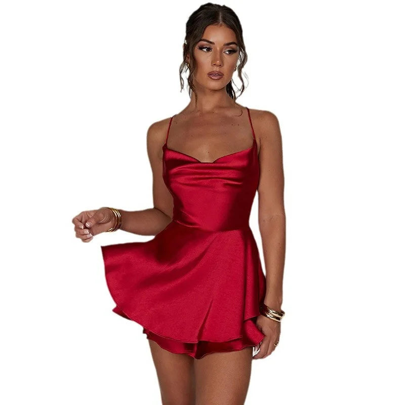 Summer Satin Women Sexy Sleeveless Cami Playsuits Dress Solid Cowl Neck Short Jumpsuits Cross Tie-Up Backless Romper
