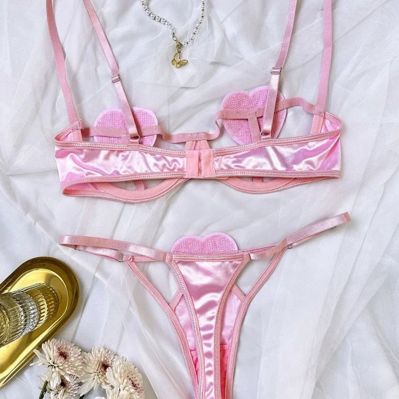 Conjunto Lencería Mujer 2025 | Cropped Rosa Sexy de Tres Piezas Estilo Novia