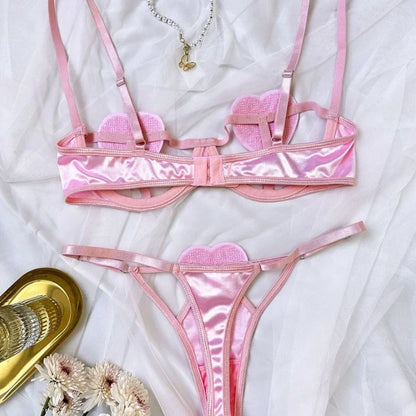 Conjunto Lencería Mujer 2025 | Cropped Rosa Sexy de Tres Piezas Estilo Novia