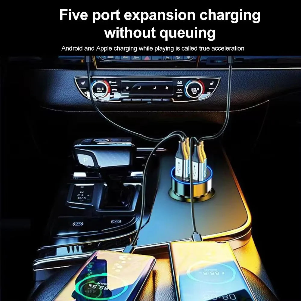 Cargador de Coche 100W con 6 Puertos – Adaptador USB Tipo C PD QC3.0 de Carga Rápida para iPhone, Samsung, Huawei, Xiaomi y Más