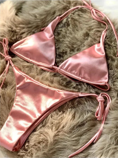 Bikini Brasileño Halter Mujer | Satinado Metálico Push Up 2 Piezas