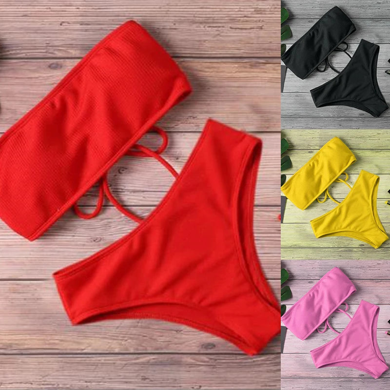 Bikini Mujer 2025 | Strapless Padded Alta Cintura Color Sólido