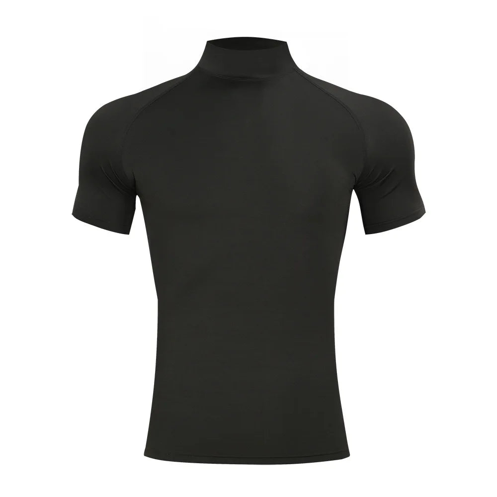 Camiseta Compresiva de Bodybuilding para Hombre – T-shirt Ajustada, Cuello Alto, Manga Corta, Gym, Fitness y Running, Secado Rápido
