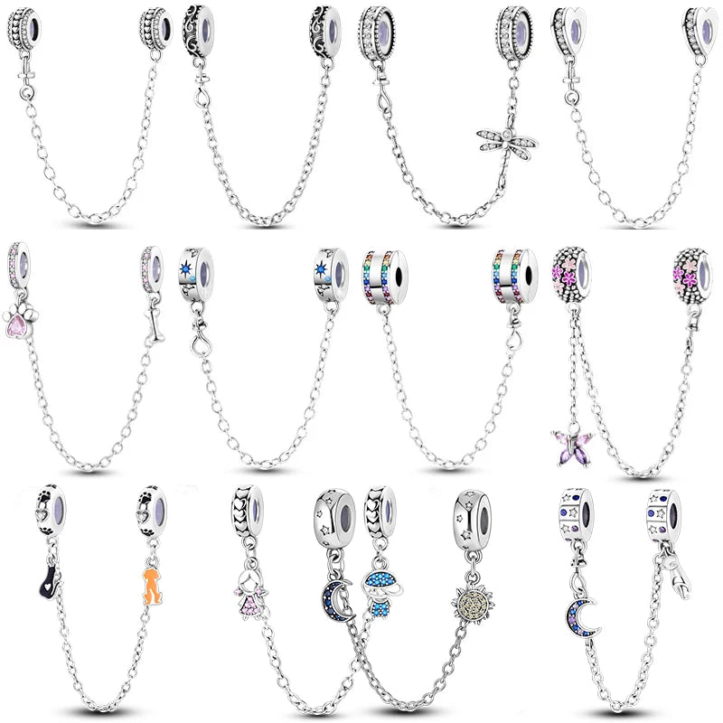 Charm Safety Chain Plata Plateada – Gato Rosa, Luna y Estrella para Pulsera o Collar DIY