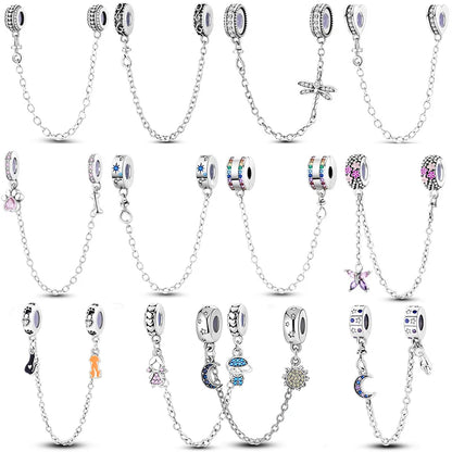 Charm Safety Chain Plata Plateada – Gato Rosa, Luna y Estrella para Pulsera o Collar DIY