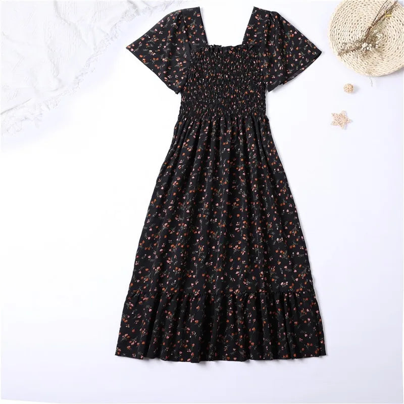Vestido Midi Chiffon Mujer | Vestido Floral con Cintura Elástica y Espalda Descubierta Verano Primavera