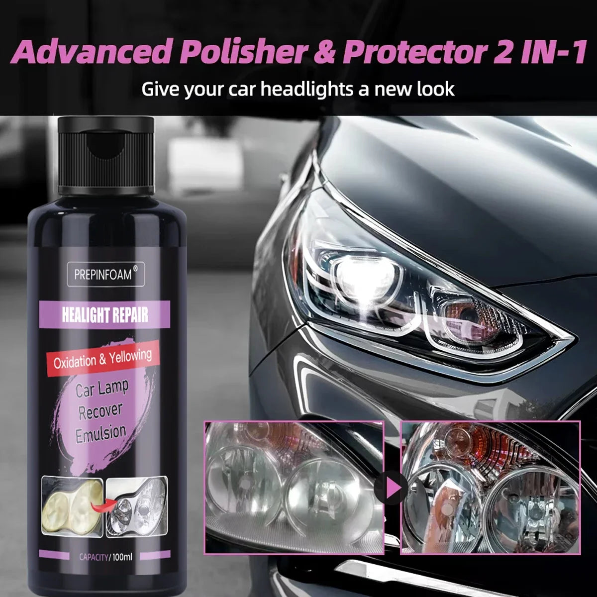 Kit de Restauración de Faros para Coche – Pulido y Reparación, Eliminación de Oxidación y Arañazos, Agente Renovador P8
