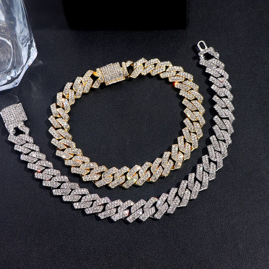 Pulsera Cuban Chain Iced Prong 14mm – Rhinestones Brillantes para Hombre y Mujer