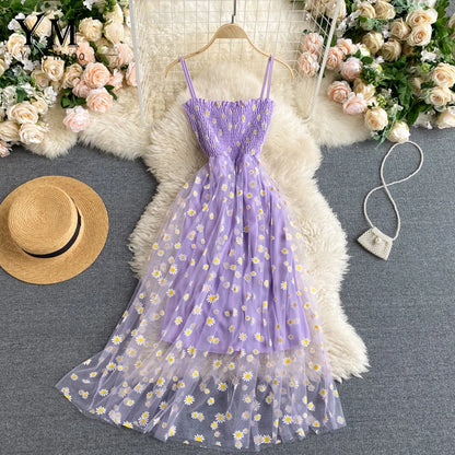 Vestido Verano Mujer Estilo Coreano | Vestido Midi Doble Capa con Tirantes y Estampado de Margaritas