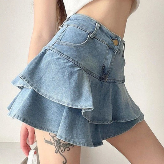 Falda Shorts Vaquera Mujer Vintage | Mini Denim Cintura Alta A-line Coreana con Volantes