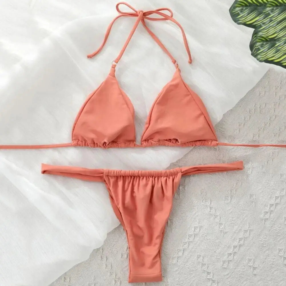 Bikini Sexy Mujer | Push-Up Halter Low-Cut con Encaje y Falda Plisada