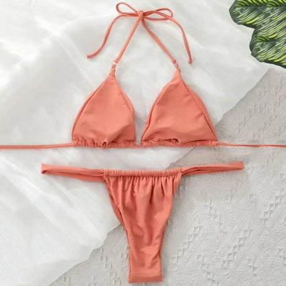 Bikini Sexy Mujer | Push-Up Halter Low-Cut con Encaje y Falda Plisada