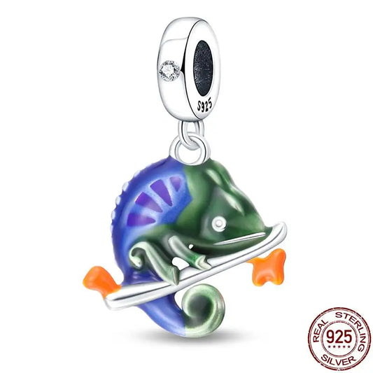Charm camaleón y luciérnaga en plata 925 – Dije animal brillante, compatible Pandora, pulsera y collar mujer