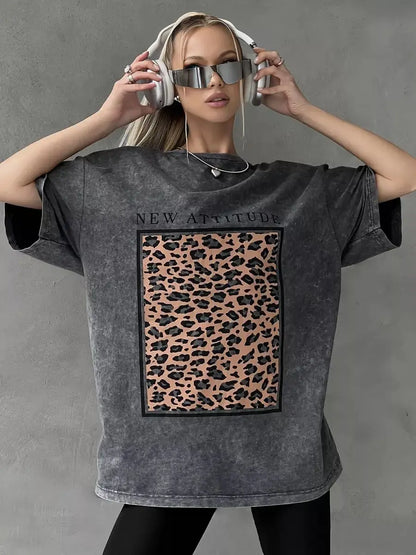 Camiseta Oversize Mujer Algodón Lavado | Estampado Leopardo Moda Y2K Manga Corta