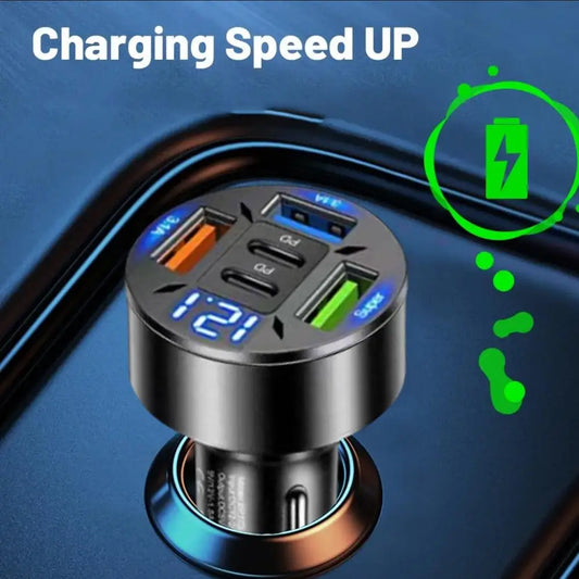 Cargador de Auto 250W 5 Puertos USB C PD QC3.0 – Carga Rápida para iPhone y Smartphones