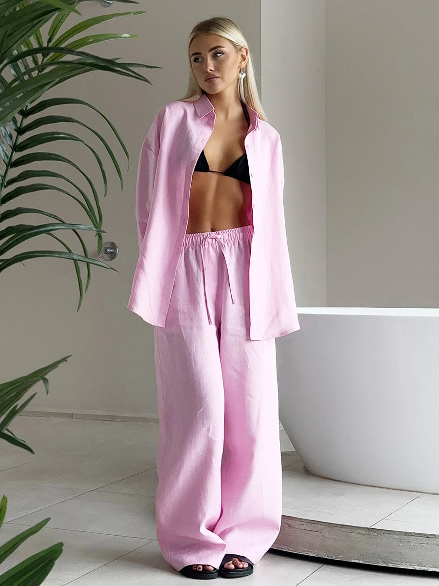 Conjunto Casual Mujer Algodón | Set Camisa Manga Larga y Pantalón con Cintura Elástica