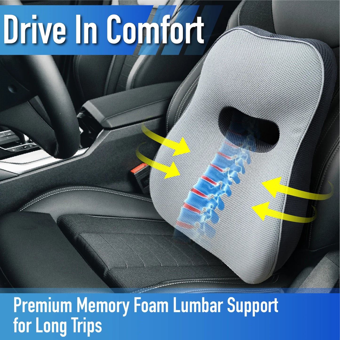 Cojín de Soporte Lumbar Ergonómico con Correas Ajustables | Almohada de Espalda para Coche y Oficina