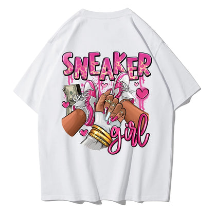 Camiseta Oversize Mujer Algodón | Estampado Zapatillas Rosas Casual Juvenil