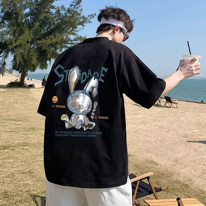 Camiseta Hombre 8XL | Estilo Coreano Oversize | Estampado Conejo Puppet Amor Manga Corta Cuello Redondo