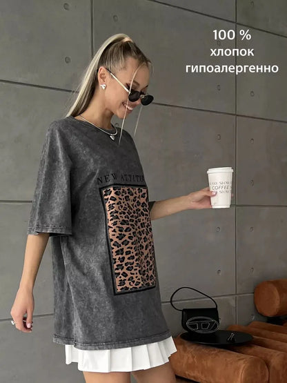 Camiseta Oversize Mujer Algodón Lavado | Estampado Leopardo Moda Y2K Manga Corta