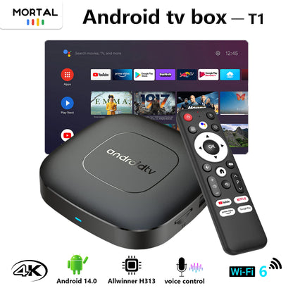 Mortal T1 Smart TV Box Android 14 WIFI6 4K HDR Bluetooth Home Theater con Control de Voz