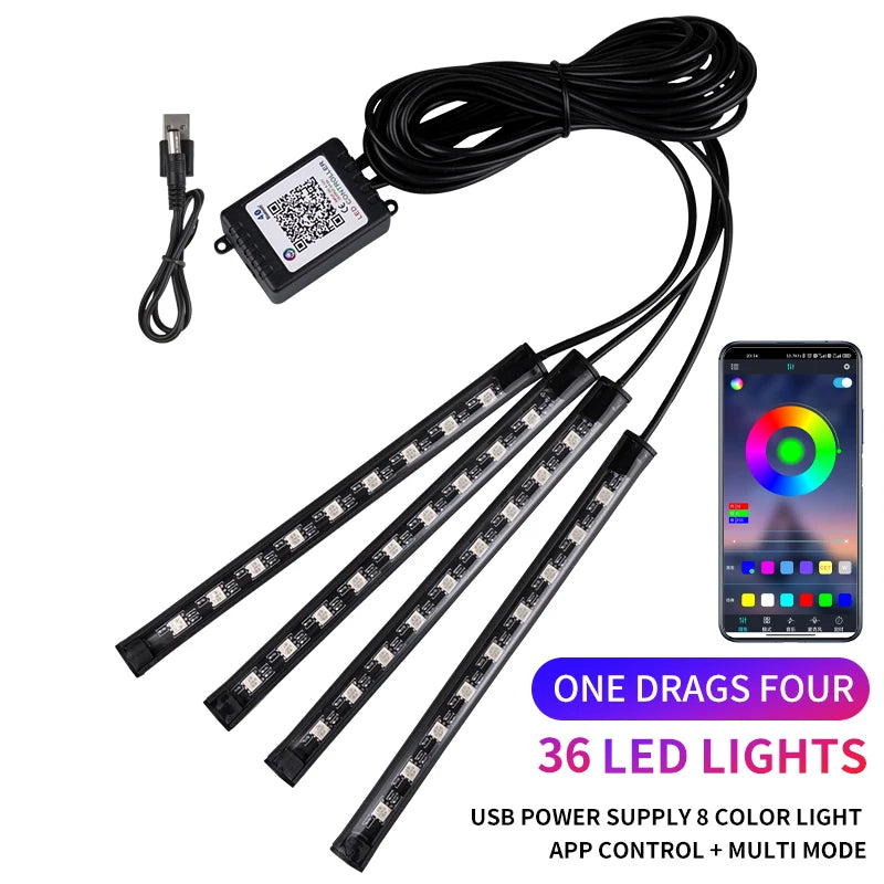 Kit de Luces LED Neón RGB para Interior de Coche | Tiras Decorativas con Control Remoto, App y Modo Música