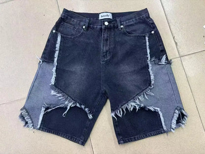 Shorts Jeans Baggy con Patchwork de Estrellas – Pantalones Denim Oversize Pierna Ancha Casual para Hombre