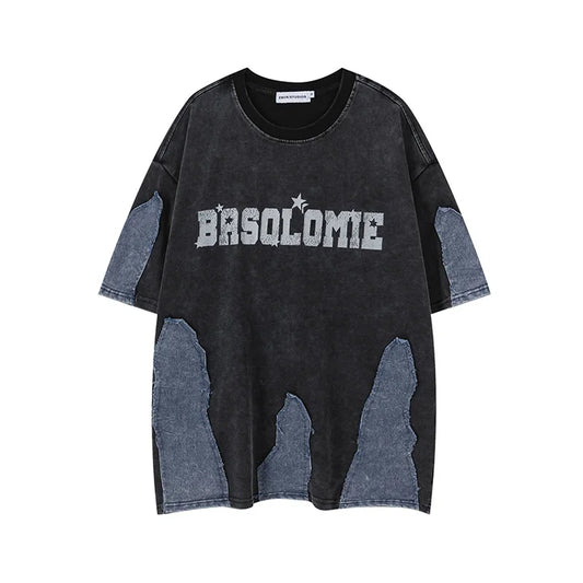 Camiseta Oversize Hombre Hi Street | T-Shirt Estampada con Parches Denim Hip Hop Streetwear 2025