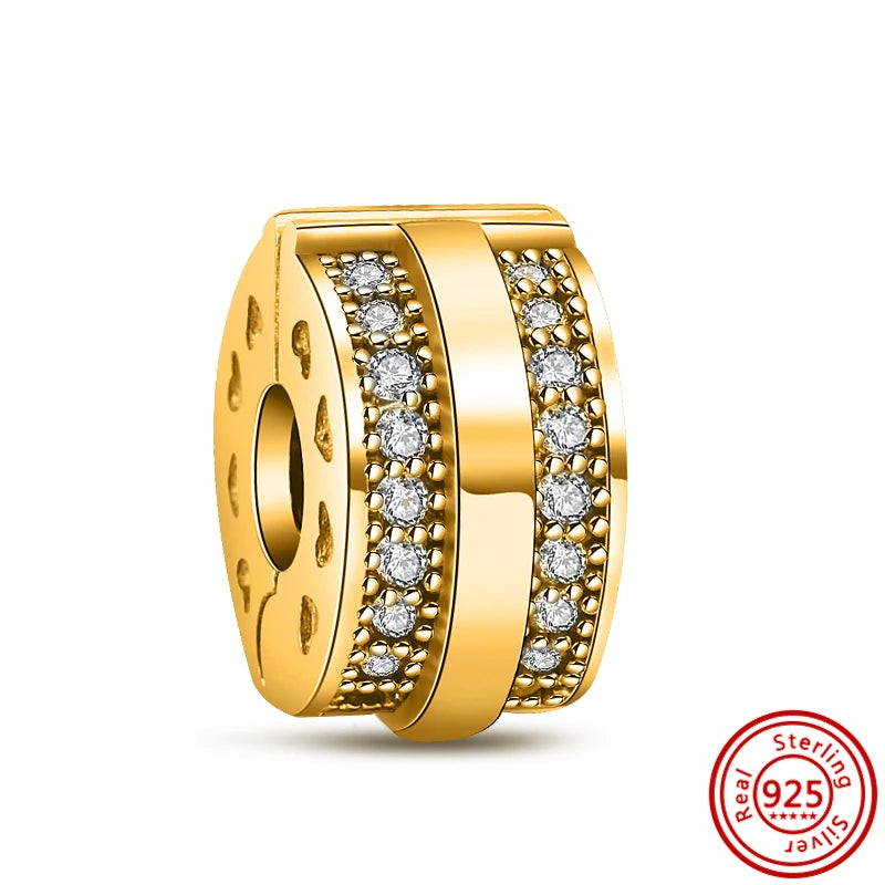 Charm Clip Plata 925 con Corazones, Corona y Concha | CZ Pavé Brillante | Compatible Pandora Original