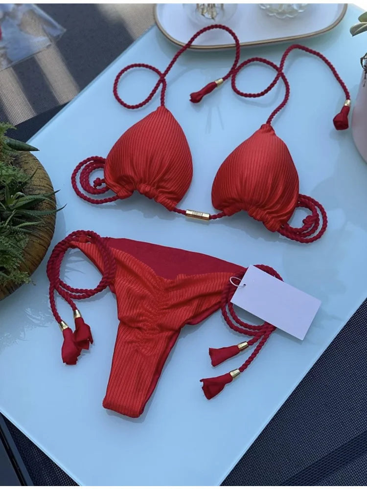 Bikini Mujer 2025 | Triángulo Multicolor Sin Espalda con Cordón