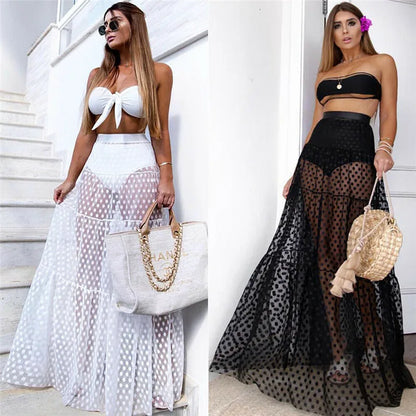 Falda Playa Mujer Verano | Maxi Cover-Up Transparente Lunares Plisada