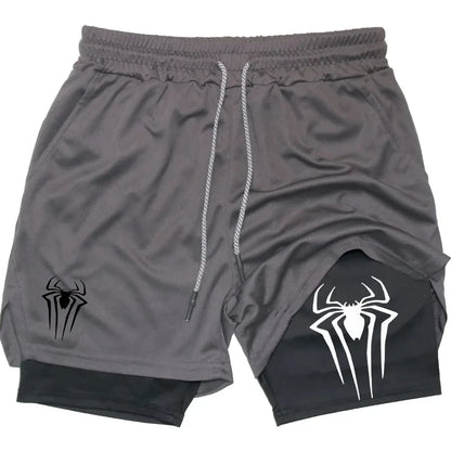 Y2K Performance Shorts Men Spider Printed GYM Casual Sports Compression Shorts Workout Running Mesh 2 In 1 Sport Short Pants