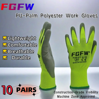 10 Pares Guantes de Trabajo PU 🧤 Antideslizantes, Resistentes y Ligeros – Guantes de Seguridad Certificados EN 388/ISO20471 (Tallas S/M/L/XL)