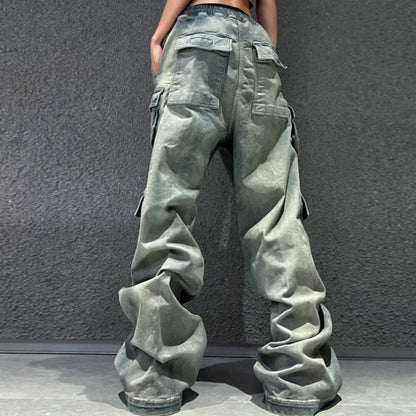 Jeans Cargo Oversize Multibolsillos Unisex | Pantalones Vaqueros Baggy Streetwear Wide Leg con Cintas
