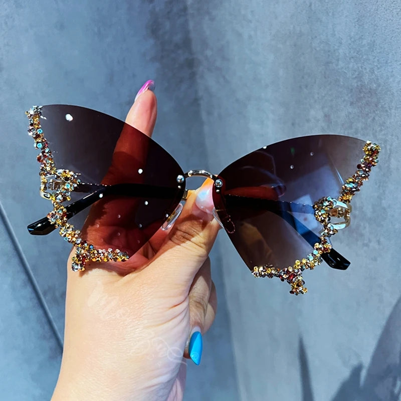 Gafas de Sol Mariposa Diamante Mujer | Vintage Y2K Oversized Rimless Eyewear de Lujo
