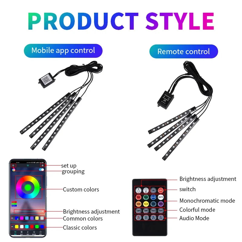 Kit de Luces LED Neón RGB para Interior de Coche | Tiras Decorativas con Control Remoto, App y Modo Música