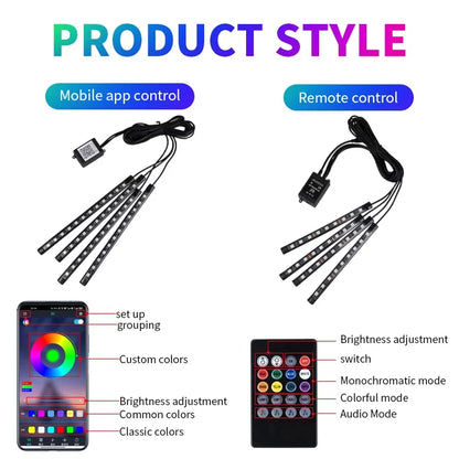 Kit de Luces LED Neón RGB para Interior de Coche | Tiras Decorativas con Control Remoto, App y Modo Música